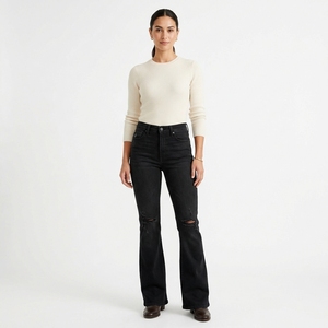 <b>High</b> <b>Waist</b> <b>Black</b> <b>Ripped</b> Flare <b>Jeans</b> Women's Casual Full Length Solid Color Spandex/Cotton Denim Breathable Autumn Style - Product Image 1