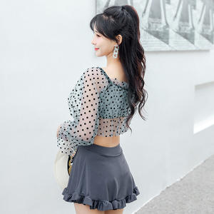 Conjunto de traje de baño de dos piezas para mujer Baiya, top corto de manga larga con falda, cintura elástica, línea A, azul, para vacaciones en aguas termales - Product Image 3