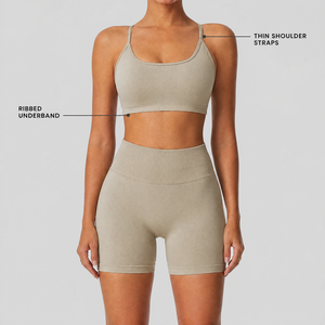 YWKL-9091 Nuevo Conjunto Deportivo de Yoga para Mujer con Logotipo Frontal, Tirantes Cruzados, Shorts de Fitness sin Costuras con Efecto Levanta Glúteos - Product Image 4