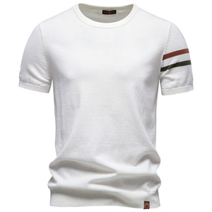 Camiseta de Verano para Hombre, de Alta Calidad, 100% Algodón, Tejido de Punto, Manga con Rayas en Contraste, Cómoda, Transpirable, <span class=keywords><strong>Ropa</strong></span> Casual - Product Image 1