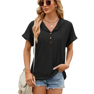 T674 Ladies Casual Floral Print Short Sleeve Summer Shirts Tops With Hood Ladies Casual Blouses