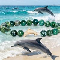 Bracelet artisanal en pierres naturelles avec breloque dauphin, perles rondes en jaspe coloré, élastique, unisexe, vente en gros