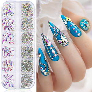 Venta al por Mayor de Accesorios para Decoración de Uñas, 12 Compartimentos, Cuentas de Vidrio, Color Plateado AB, Aurora, Formas Mixtas, Set de Diamantes de Imitación para Arte de Uñas - Product Image 1
