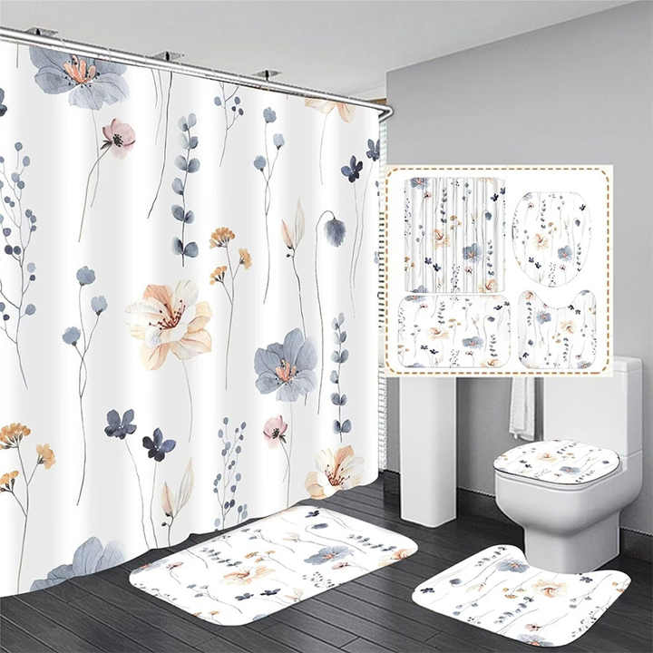 Ansudayan Navy Blue & Pink Floral Shower Curtain - Waterproof Fabric 72x72 Inches With Hooks - View #6