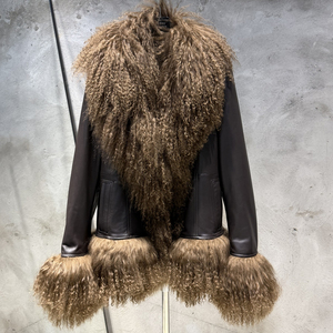 Manteau en cuir pour femme avec col en fourrure de Mongolie, veste en daim <span class=keywords><strong>bleu</strong></span> foncé pour l'automne - Product Image 4