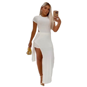 S10757 europeo americano Sexy tinta unita con fermacravatta stretta stretta Modulare mezza lunghezza abito in due pezzi per top corti estivi - Product Image 6