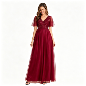 <span class=keywords><strong>Abito</strong></span> da Sera in Tulle Rosso Borgogna per <span class=keywords><strong>Donna</strong></span>: Scollo a V, Maniche Corte, Decorato con Paillettes, Vita Impero, Vestito <span class=keywords><strong>Lungo</strong></span> - Product Image 1