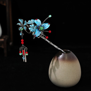 [Hecho a mano] Tocado Hanfu de diseño original al estilo chino, horquilla azul con borlas, maquillaje de trajes antiguos y accesorios para el cabello - Product Image 3