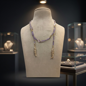 Sstringz Lavender Purple Crystal Beaded Lariat <b>Necklace</b> with Gold Fish Charms, Handmade Boho Fashion <b>Statement</b> Jewelry for Women - Product Image 4