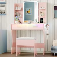 Bureau de maquillage rose intelligent avec éclairage LED RVB et station de charge intégrée, table à maquillage à 2 tiroirs avec support pour sèche-cheveux.