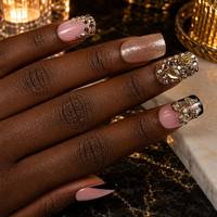 Faux Ongles à Presser de Luxe 3D Floraux en Gros Personnalisés Amande Or Champagne Pierres Précieuses Métalliques Acryliques