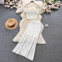 Ensemble 2 pièces d'été pour femme en tricot ajouré : caraco court sans manches et jupe longue moulante taille haute