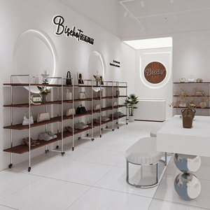 Hiện đại hai mặt Rack hiển thị quần áo vàng đứng hiển thị kim loại bằng gỗ Rack hiển thị cửa hàng kệ cho túi và giày - Product Image 5