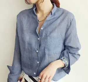 New fashion women long sleeve shirts cotton linen blouse lapel button cardigan thin style tops for women girls casual shirt