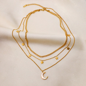 Collana girocollo stile stile personalizzato in acciaio inossidabile collana a <span class=keywords><strong>tre</strong></span> strati stella luna e catena ciondolo per collana da donna - Product Image 6