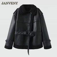 JANVENY 2025 nouveau hiver Patchwork Pu cuir veste avec ceinture femmes col montant épaulette épaissir décontracté en peluche noir manteau