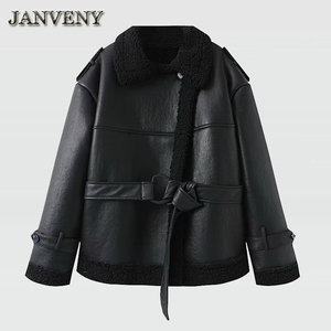 JANVENY 2025 nouveau hiver Patchwork Pu cuir veste avec <span class=keywords><strong>ceinture</strong></span> femmes col montant épaulette épaissir décontracté en peluche noir manteau - Product Image 5