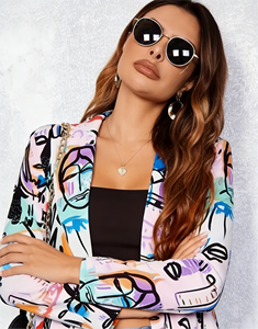 Blazer de punto holgado de talla grande para mujer con cuello con muescas y estampado abstracto, manga larga y cierre de un botón, ideal para negocios. - Product Image 5