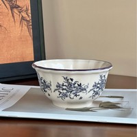 Service de vaisselle en céramique vintage bleu et blanc à motif végétal, comprenant un bol à riz de 4,5 pouces, une tasse à café, une soucoupe et une assiette, réutilisable pour la maison