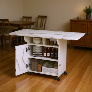 Mesa de comedor plegable de madera de 47 pulgadas con tablero de mármol blanco, gabinete de almacenamiento y ruedas, diseño moderno para muebles del hogar - Product Image 2