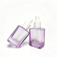Nouvel emballage cosmétique de luxe givré, flacon de sérum violet carré plat à fond épais de 30 ml, flacon compte-gouttes en verre pour huile essentielle
