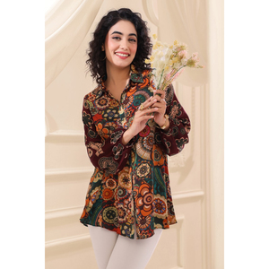 Modern Artistic <b>Boho</b> Pattern Button Down Tunic <b>Shirt</b> Premium Contemporary Casual Fashion Apparel Wear For Women - Product Image 1