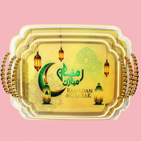 Ensemble de 3 plateaux dorés de luxe pour le Ramadan, 36/39/44 cm, en plastique, pour les fêtes du Ramadan, plateau à boissons de luxe pour la maison, plateau à fruits