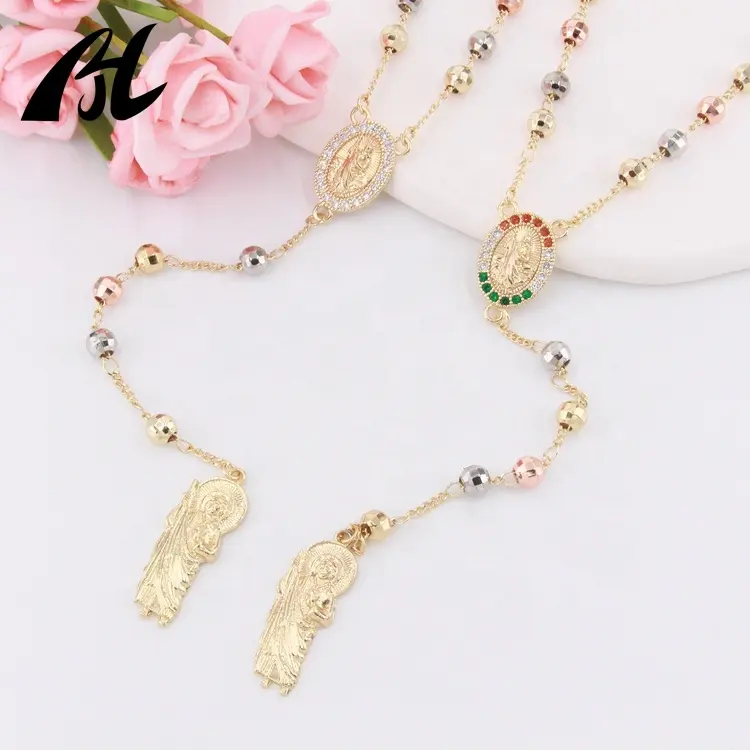Gioielli di moda rosario perline rosario gioielli religiosi 6mm placcato oro 18k San Judas Tadeo ciondolo croce collana