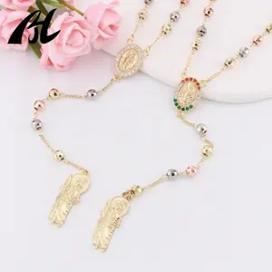 Perhiasan Fashion manik-manik rosario perhiasan tasbih rosario 6mm 18k berlapis emas San Judas Tadeo liontin kalung salib