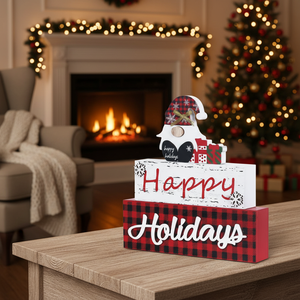 Grande Decorazione Natalizia in Legno a 3 Strati con Gnomo, Stile Rustico da Fattoria, Decorazione da Tavolo Natalizia, Insegna 'Buone Feste', Statuette e Giocattoli Natalizi - Product Image 3