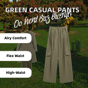 กางเกงขายาวลำลองสีเขียวสไตล์วินเทจสำหรับผู้หญิง เอวสูง ยางยืด จีบด้านหน้า มีกระเป๋า ผ้าทอระบายอากาศ เป็นมิตรกับสิ่งแวดล้อม เหมาะสำหรับฤดูใบไม้ผลิ - Product Image 3