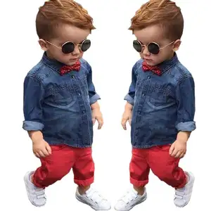 Children Clothing Set 2019 Spring Fashion Casual Baby Boys Clothes Cotton Denim Long Sleeve Shirts+Red Pants Kids Clothes 3-8Y