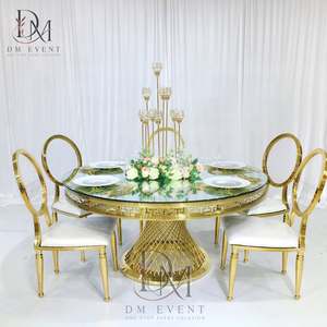 Table de banquet ronde sur mesure en acier inoxydable doré avec base en fil métallique et plateau en verre trempé miroir pour réceptions de mariage - Product Image 2