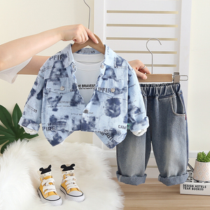 Ensemble de vêtements 3 pièces pour garçon de haute qualité veste en jean lettre teinte par cravate et chemise en jean en gros pour les enfants - Product Image 3