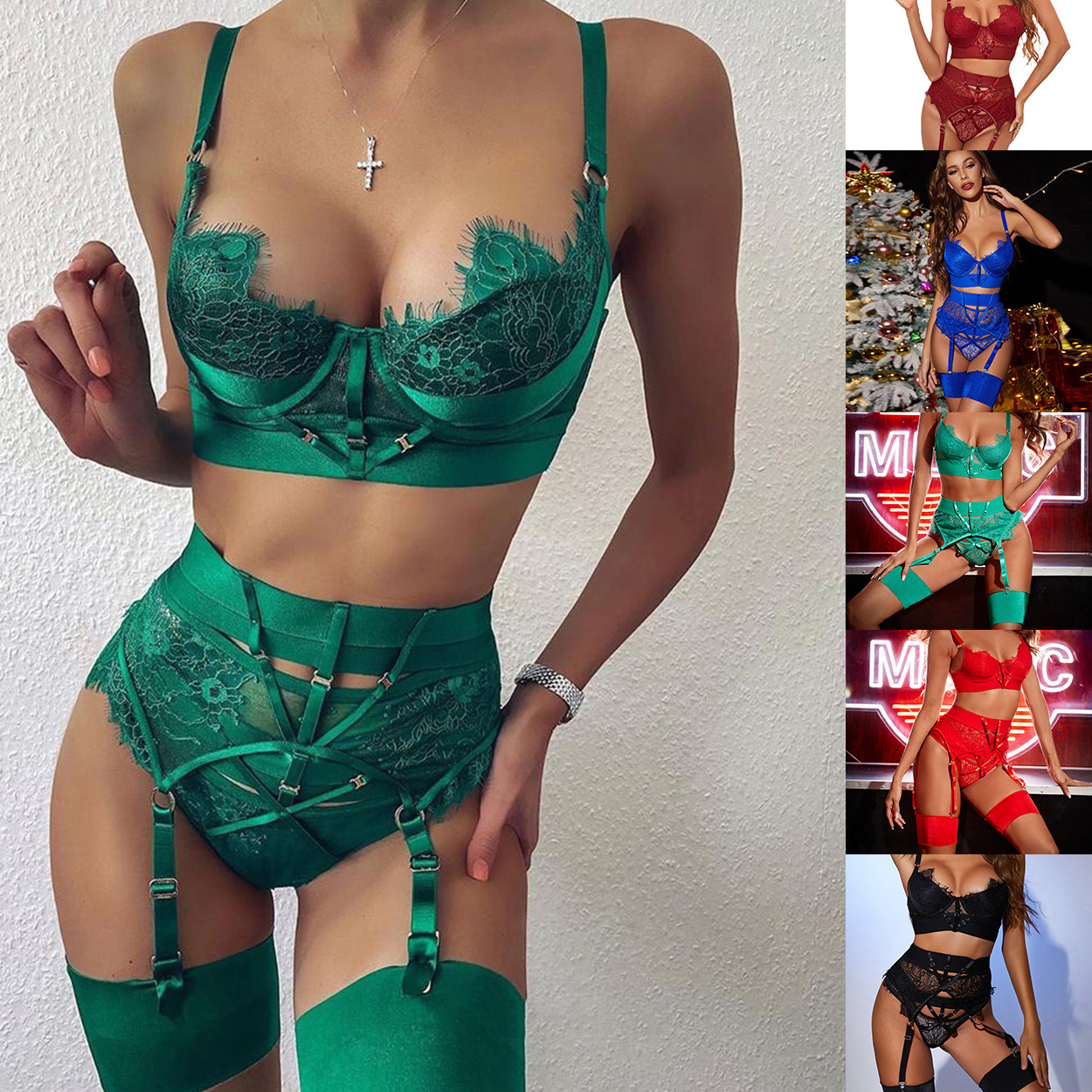 Muestras gratis Copa abierta Ropa interior sexy Tres piezas Lencería de encaje sólido Mujeres Fancy Sissy Ropa interior gótica íntima