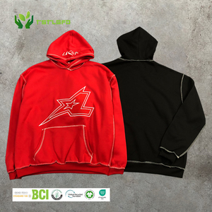 Pull-over épais en tissu recyclé Sweats à capuche à points contrastés Ligne de passepoil Baggy Hoodies pour hommes Sweats à capuche en molleton court pour hommes - Product Image 1