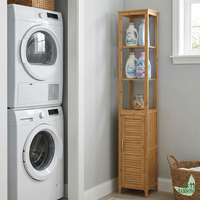 Armoire de rangement haute en bambou naturel pour salle de bain, 3 étagères ouvertes, porte simple à persiennes, autoportante, étroite, organisateur latéral pour buanderie et toilettes