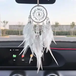 Boho Giấc Mơ Nhỏ Catcher handmade xe phía sau xem gương mặt dây chuyền với lông dreamcatchers với pha lê phòng treo trang trí