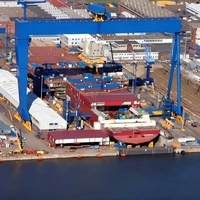 Grue portique motorisée Wan Long 200T à commande PLC pour le levage de blocs de coque de navire, portée de 46 m, hauteur de levage maximale de 35 m