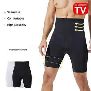Shorts de compressão para homens, calças boxer de cintura alta sem costura para modelagem de corpo, bainha para barriga e pernas