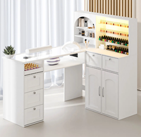 Bureau de salon de manucure en forme de L avec coussin pour les poignets et lumières LED, plateau en verre trempé, table de manucure professionnelle