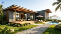 Maison conteneur économique de 20 pieds 40HQ avec bardage en bois et terrasse, design moderne pour usage hôtelier