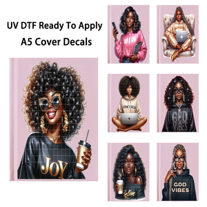 Autocollants de transfert UV DTF prêts à poser pour couvertures de carnet A5, motif 'Fashion <span class=keywords><strong>God</strong></span> Black Women Working Melanin Girl' - Product Image 1