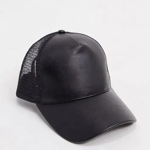 QIAN HUI Customized A Frame Baseball Cap 5 Panel Black Faux Leather Trucker Mesh Cap Hat