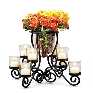 Support de bougie en fer forgé noir avec vase à fleurs en centre de table pour la décoration de mariage et de la maison - Product Image 1