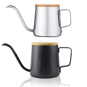 Cafetera de acero inoxidable con asa de bambú y tapa de teflón, de boca larga y pequeña, para café expreso. - Product Image 1