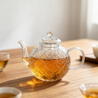 Théière en verre borosilicate haut de gamme avec motif fleur de bégonia, transparente, avec couvercle et poignée, pour thé en vrac et thé aux fleurs