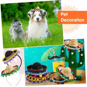 قبعات قش على شكل سومبريرو لحفلات سينكو دي مايو في المكسيك، عصابات رأس للحيوانات الأليفة، قبعات صغيرة للقطط والكلاب لتزيين الحفلات - Product Image 3