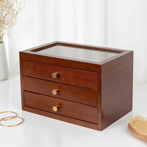 Solid wood jewelry <b>box</b>, large capacity, walnut wood color, drawer pull-out storage <b>box</b> for <b>earrings</b>, pendants, and jade. - Product Image 1