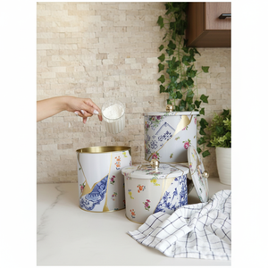 ชุดกระป๋องโลหะทรงกลมขนาดเส้นผ่านศูนย์กลาง175มม. (3ชิ้น) kintsugi ดอกไม้เส้นสีทองดีไซน์แบบ kintsugi - Product Image 3